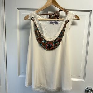 Silk Ivory Beaded Bib Necklace Bohemian Tank Top